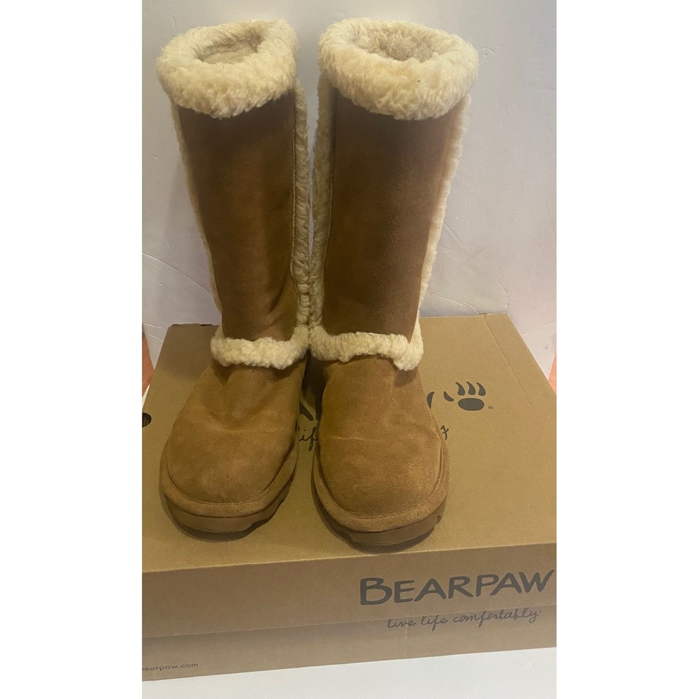 Bearpaw KendallTall Hickory Suede Fur Trim Winter Boots Brown Women's Size 8